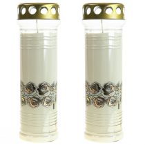 Artikel Grabkerzen Weiß Rosen Trauerlicht Ø7cm H23,5cm 100h 2St