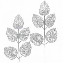 Artikel Kunstpflanzen, Zweig Deko, Deko Blatt Silbern Glitter L36cm 10 St