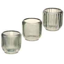 Artikel Teelichthalter Glas in Grau Rillen Dekor 8cm 6 St