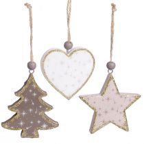 Artikel Weihnachtsanhänger Stern Baum Herz Holz 6,5/7cm 6 St