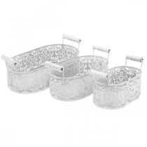 Artikel Schalen zum Bepflanzen, Dekotopf mit Spitzendekor, Metallgefäß mit Griffen, oval Weiß, Silbern Shabby Chic L25,5/20/15cm H7cm 3er-Set