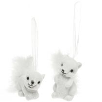 Artikel Weiße Eichhörnchen 6 cm-Anhänger mit Glitzer und Federdetail – Perfekt für festliche Weihnachtsbaumdekoration – 2St