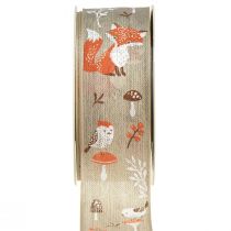 Artikel Geschenkband Herbst mit Fuchs und Pilzen Leinen Grau 40mm 15m