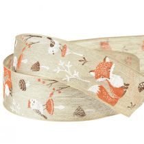 Artikel Geschenkband Herbst mit Fuchs und Pilzen Leinen Grau 40mm 15m