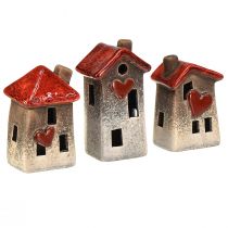 Artikel Romantische Keramik-Häuser mit Herzmotiv – Rot & Naturtöne, 11cm – Liebevoll gestaltete Winterdeko – 3 St