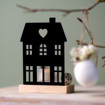 Artikel Windlicht Haus Metall Schwarz mit Holz Sockel H15cm 2St