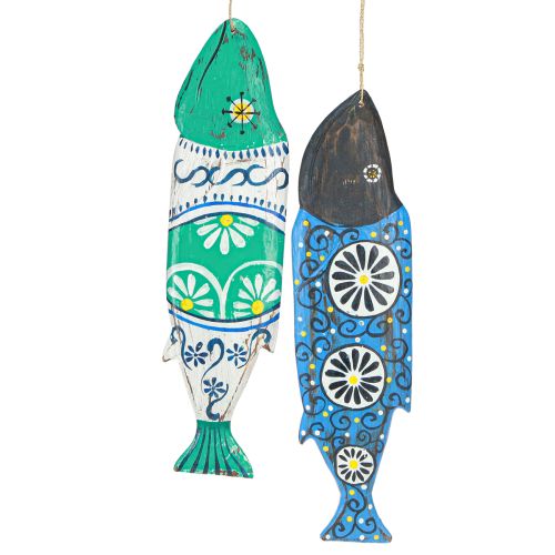 Bunter Fisch Holz Deko zum Hängen Blau und Grün 38cm 2St