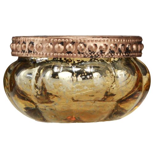 Artikel Teelichtglas Champagner Antik Gold mit Metallrand Ø6cm H3,5cm